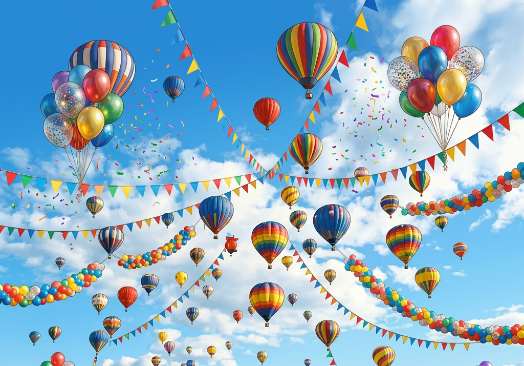 Many colorful hot air balloons floating in the sky over green fields and a river